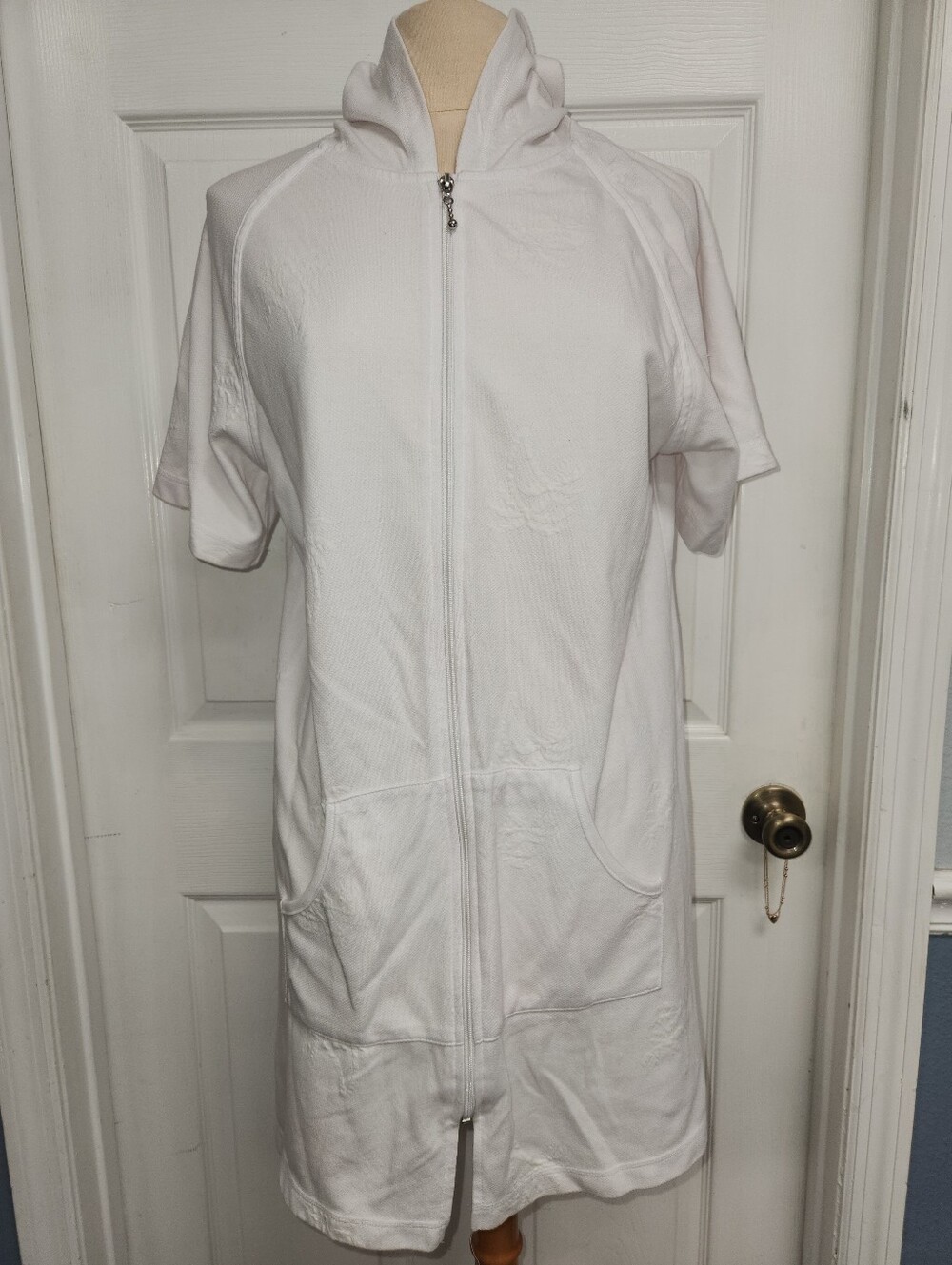 White Short-Sleeve Zip Front Hooded Cover-up With Palm Trees